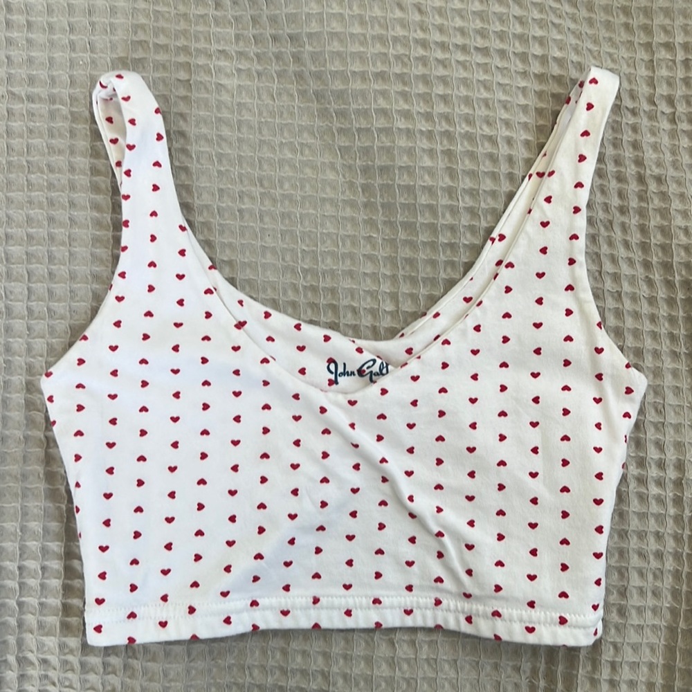 brandy melville john galt white and red heart crop top